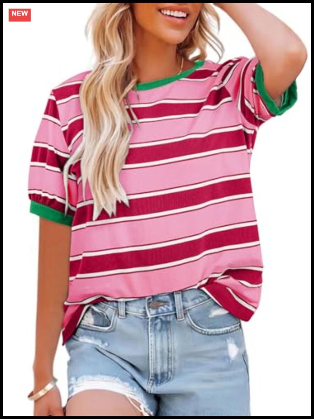 Women's Striped Color Block Short Sleeve Crewneck Tee Cotton Blend